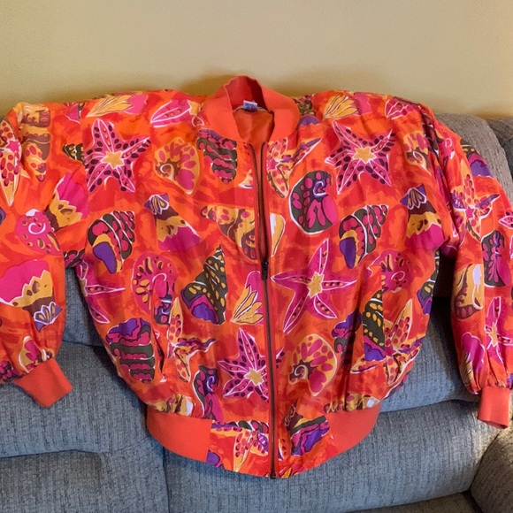 Carol Horn Workshop Jackets & Blazers - Vintage orange silk large seashell print, orange fabric lining zip up jacket szM